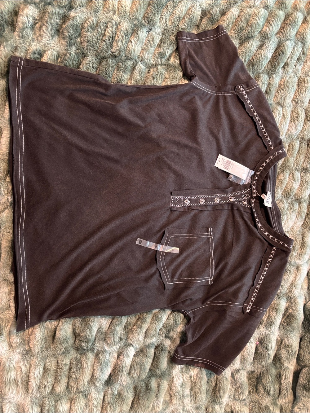 BKE Black Henley Top with White Contrast Stitching